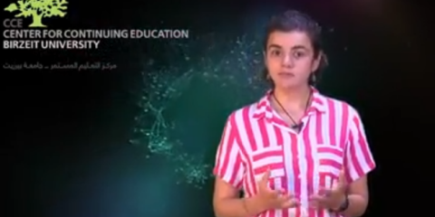 Young woman talking to camera with green background and CCE logo behind her